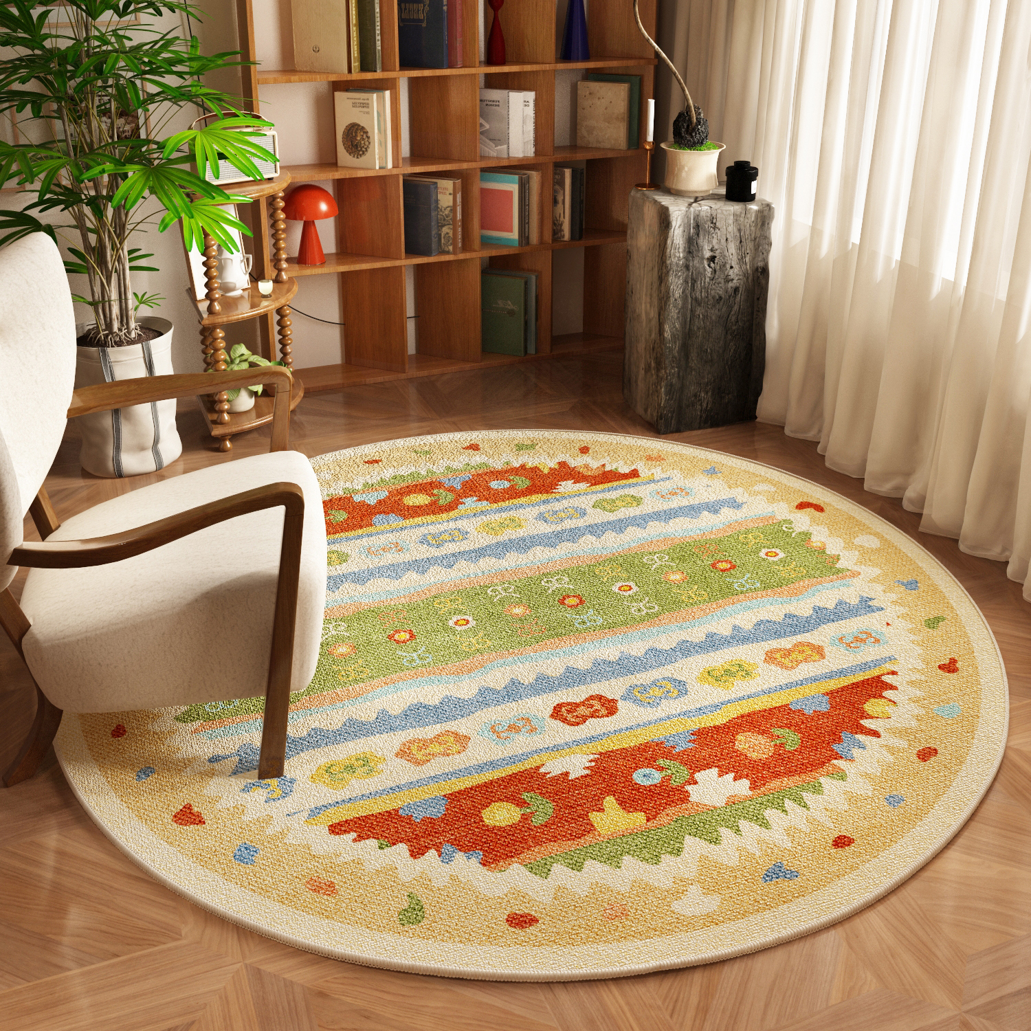 多巴胺书房圆形地毯2025新款民族风隔音防滑转椅垫阳台梳妆台地垫