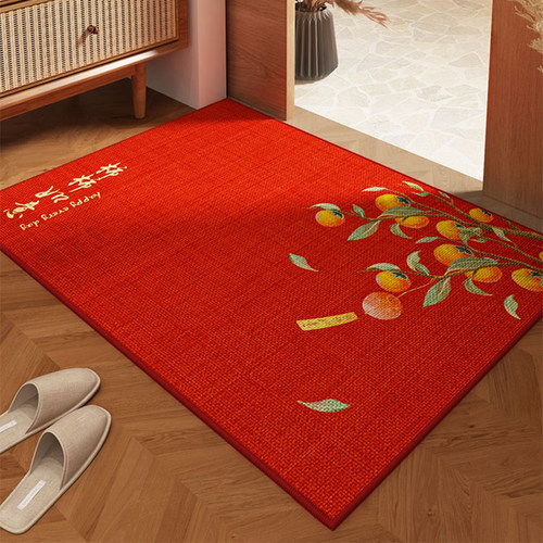 柿柿如意亚麻地垫入户门垫进门口玄关脚垫家用喜庆红色地毯新中式