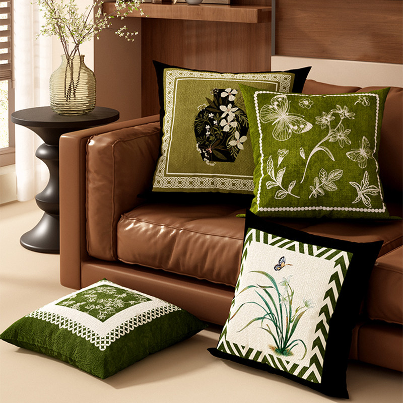 中古风抱枕绿色轻奢高级感花靠枕方形客厅沙发法式复古靠垫可拆洗