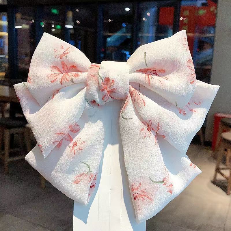 日系超仙雪纺大蝴蝶结发夹子后脑勺发卡小清新甜美碎花弹簧夹头饰
