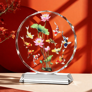 聚财九鱼图水晶摆件轻奢高档装 饰荷花锦鲤工艺品开业送礼桌面摆台