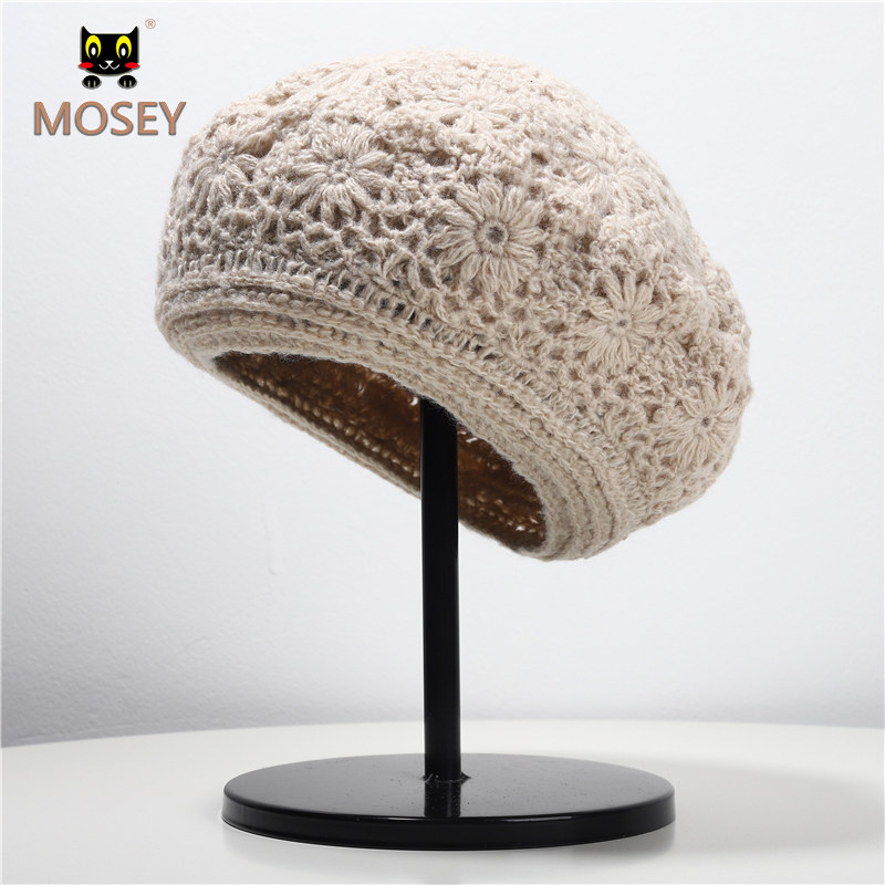 mosey复古镂空针织手钩花朵日系贝雷帽女秋冬新款透气包头画家帽