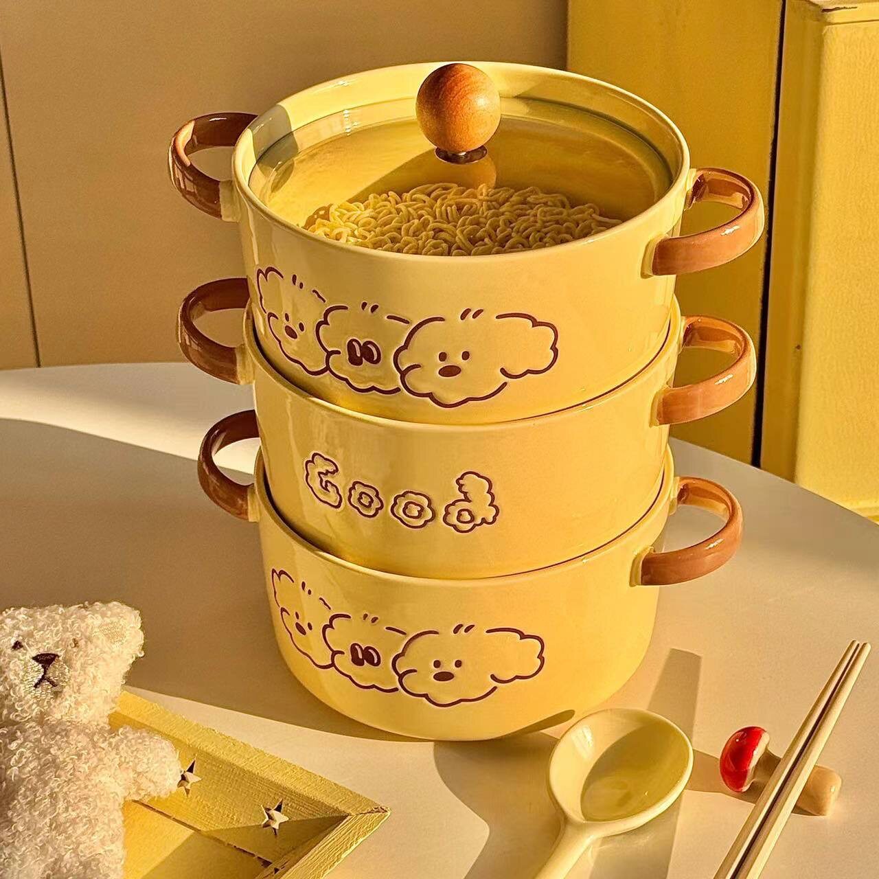 三只小狗泡面碗带盖学生宿舍用方便面碗饭碗双耳陶瓷汤碗螺蛳粉碗