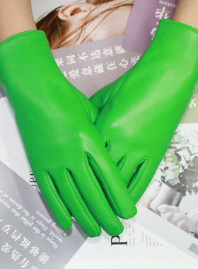 皮手套ins风彩色男女leather PU gloves加绒保暖防风纯色骑行手套