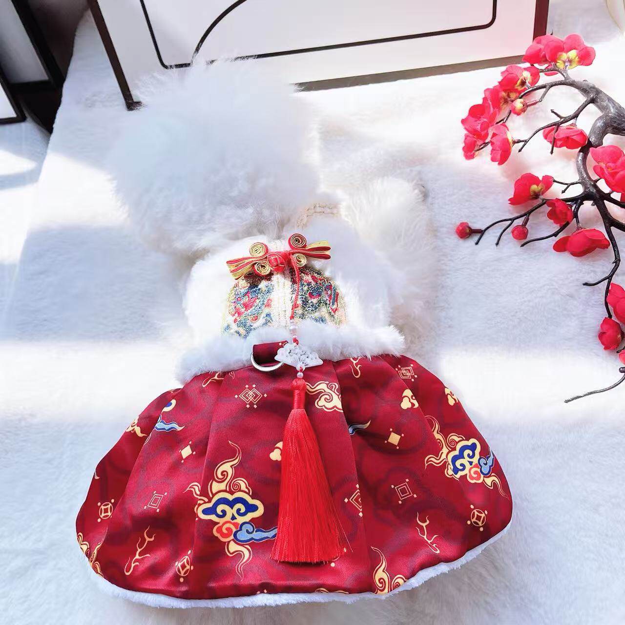 新年唐装冬季小狗狗衣服泰迪比熊宠物猫咪过年款貂毛马面裙