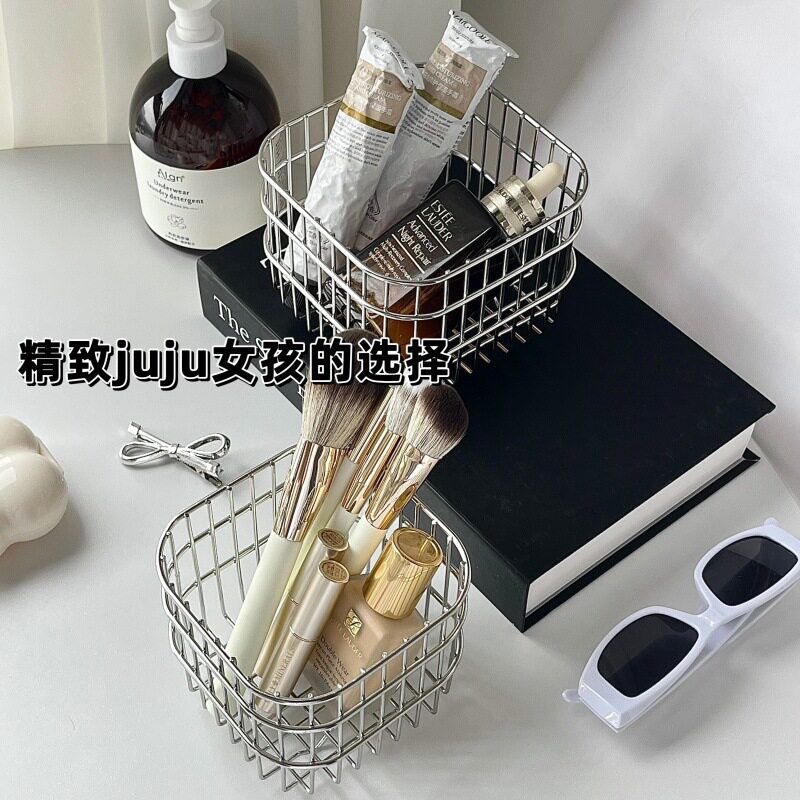 ins铁艺收纳篮家用厨房方形水果蔬菜篮网红化妆品口红桌面收纳筐
