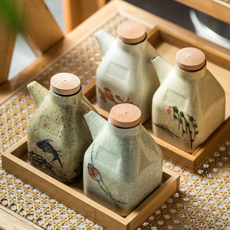 陶瓷清彩油壶日式复古料理调味瓶带把酱油壶醋壶和风创意调料壶