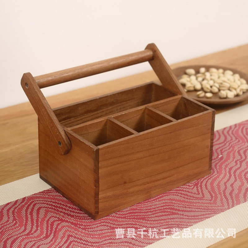 实木餐具收纳篮复古手提
