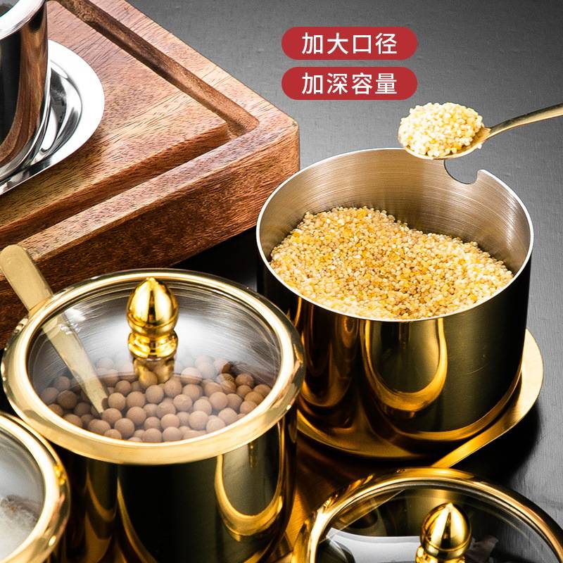 韩式304不锈钢调味瓶罐厨房轻奢盐罐油罐带勺调料盒创意金色罐