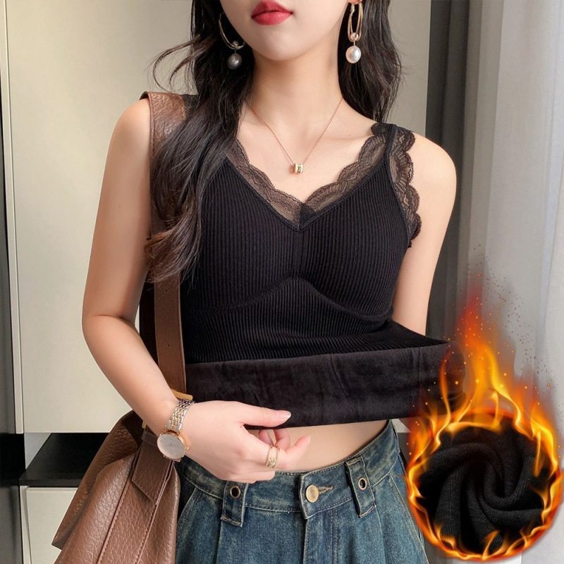 保暖背心女加绒加厚打底衫吊带内衣自带胸垫蕾丝显瘦大码打底上衣