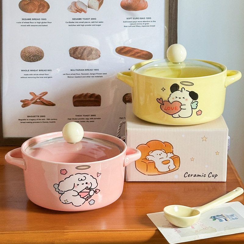 可爱恋爱小狗情侣陶瓷泡面碗带盖学生宿舍用方便面碗双耳螺蛳粉碗