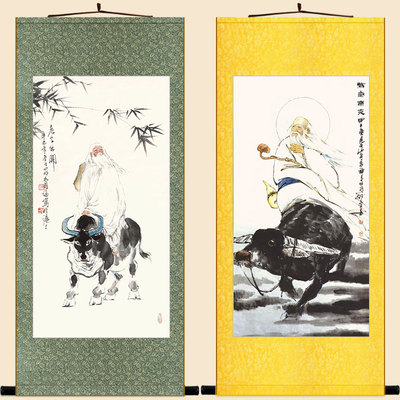 速发老子出关图 来气东人骑牛青牛图卷轴挂画 紫物丝绸画装饰字画