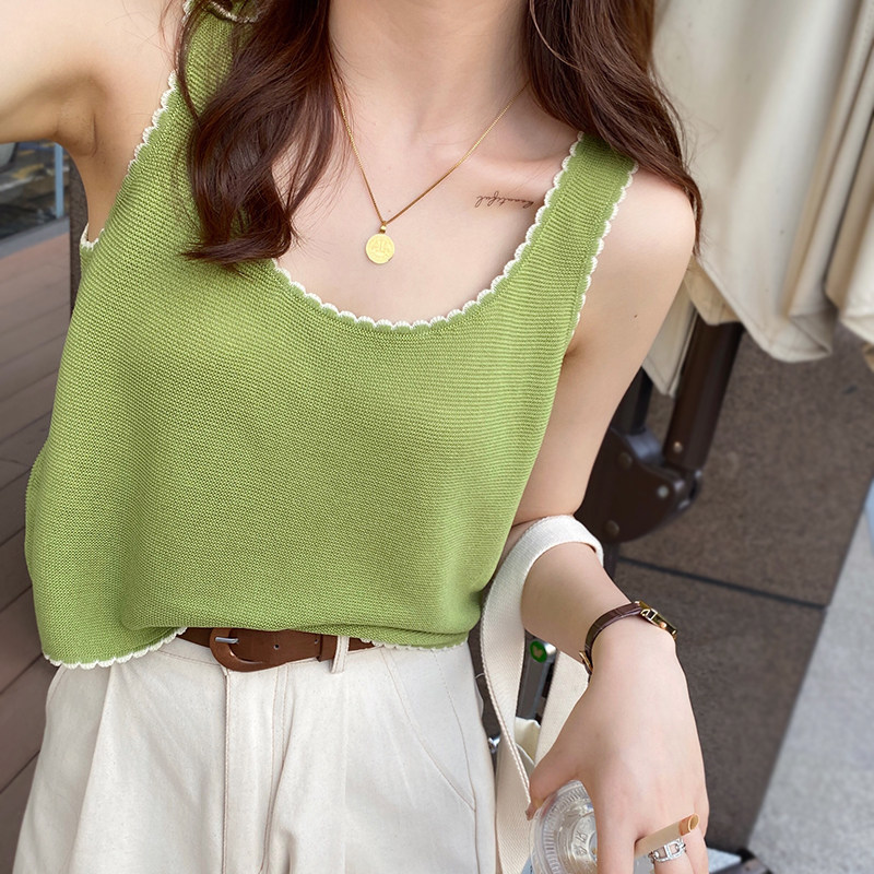 速发绿色背心夏宽松外织设计感小众白色搭穿吊带外针宽肩带花边上