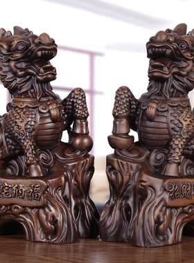 速发实木麒工摆件公母一对客厅玄关开柜招财镇宅送子公司酒业麟艺