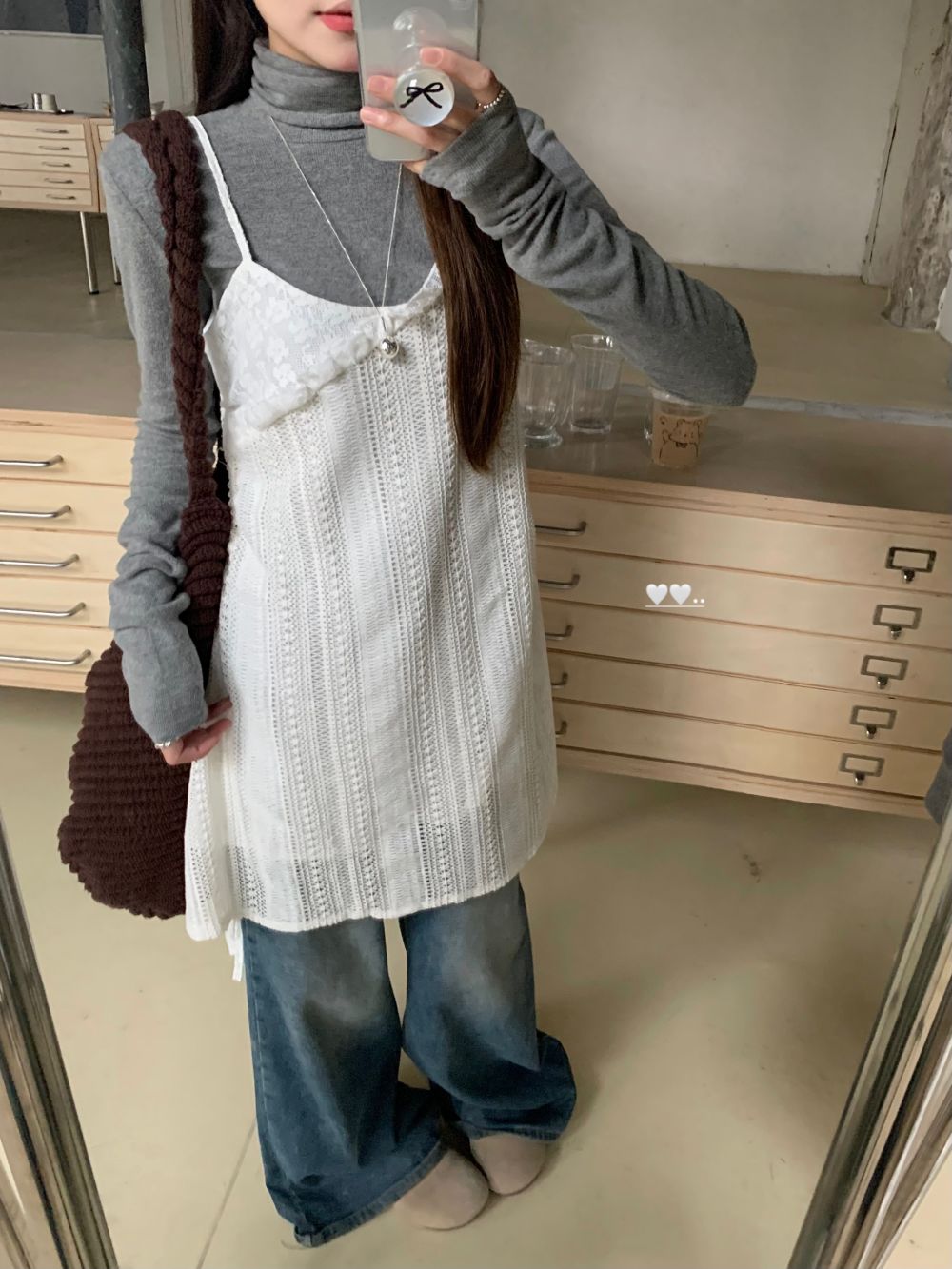 速发韩系甜妹叠穿设织空镂感蕾丝吊带连衣裙春秋内搭针计长袖上衣