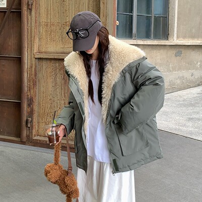 棉衣女款2025新款冬季加厚短款羊羔毛派克服韩系慵懒风棉袄外套女