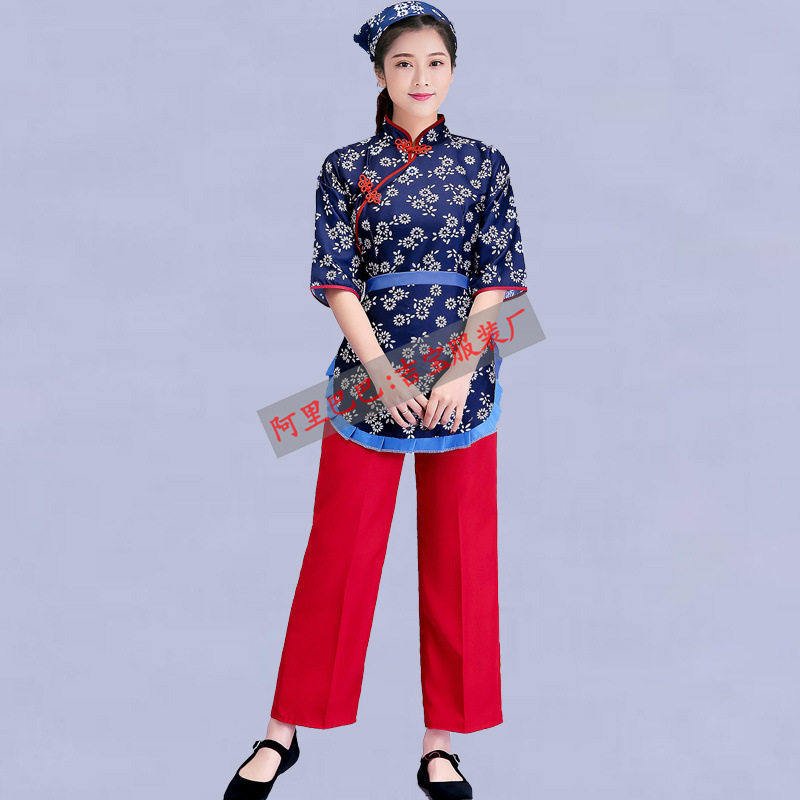 新款村姑碎花网红直播衣服女采茶戏套装农民舞蹈阿庆嫂表演出服装