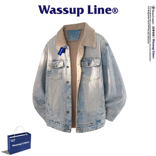 WASSUP Line潮牌美式牛仔外套男秋冬季羊羔绒保暖工装翻领夹克
