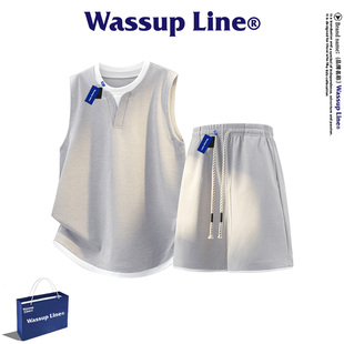 WASSUP Line潮牌时尚运动套装男夏季休闲背心宽松五分裤两件套