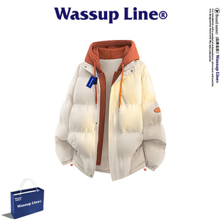 WASSUP Line潮牌假两件棉衣男冬季休闲防寒加厚保暖连帽棉服外套