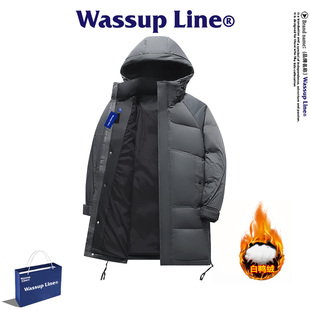 WASSUP Line潮牌中长款羽绒服男冬季户外加厚保暖白鸭绒连帽外套