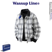 时尚 WASSUP Line潮牌复古轻奢夹克男春季 格子拼接PU皮翻领外套