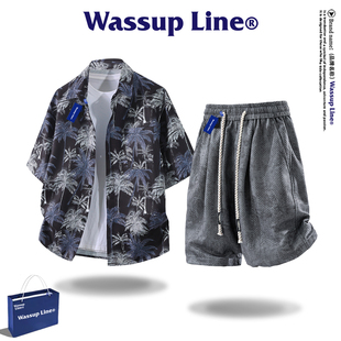 WASSUP Line潮牌夏威夷风椰树印花短袖衬衫套装男夏季休闲两件套