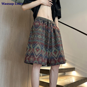 男复古脏脏风宽松运动五分裤 民族风针织短裤 Line潮牌夏季 WASSUP