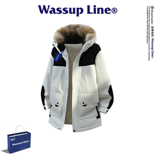WASSUP Line潮牌工装风毛领羽绒服冬男中长款拼色保暖派克服外套