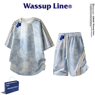WASSUP Line潮牌休闲时尚套装男夏季扎染圆领短袖T恤五分裤两件套