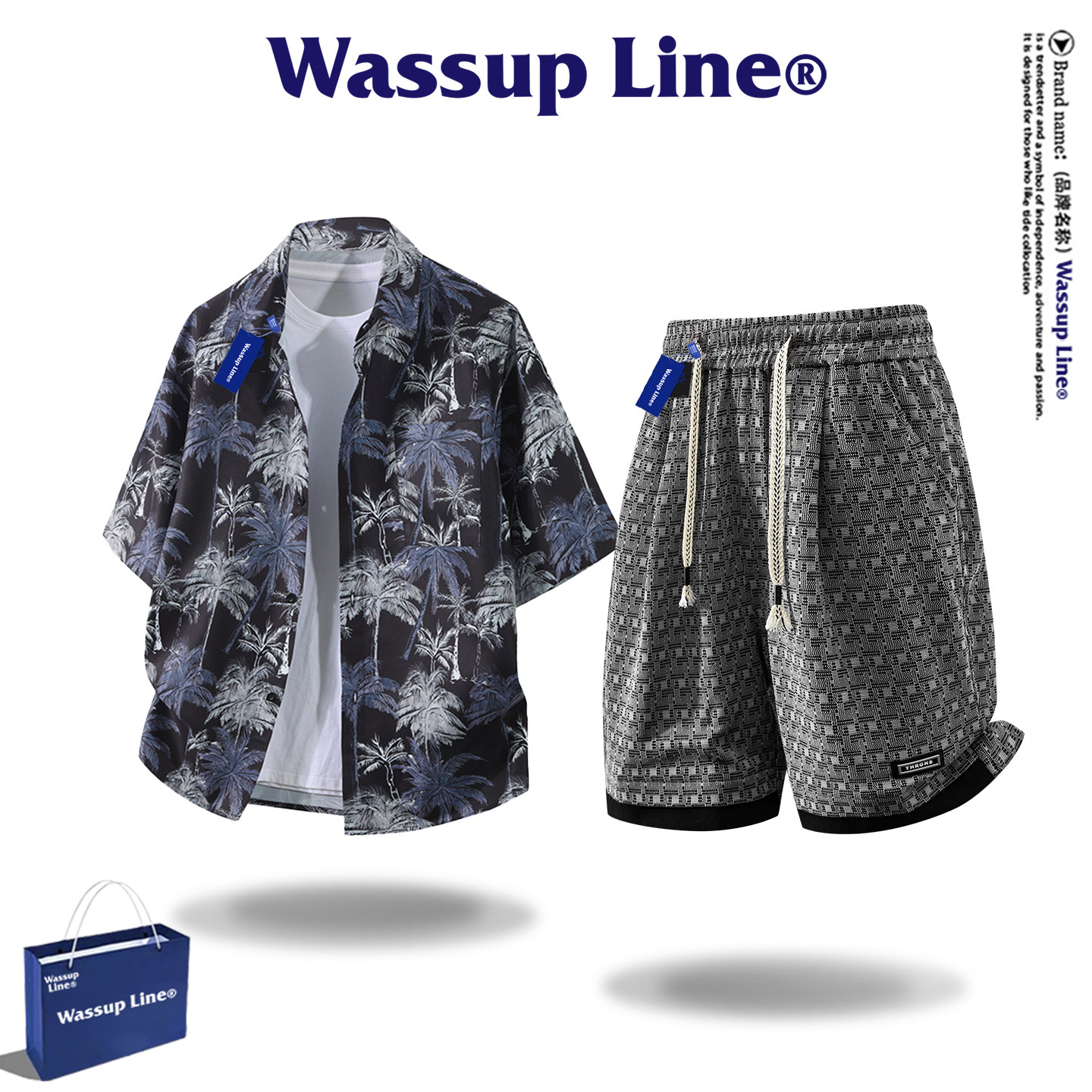WASSUP Line潮牌时尚椰树印花衬衫男夏季短袖套装夏威夷风海岛风