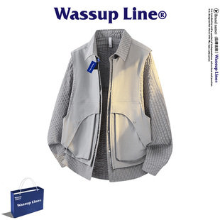 男春季 WASSUP 衬衫 长袖 都市机能真两件衬衣马甲外套 Line潮牌时尚