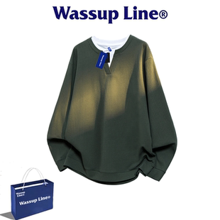 WASSUP Line潮牌痞帅简约休闲风华夫格假两件套头卫衣秋男生卫衣