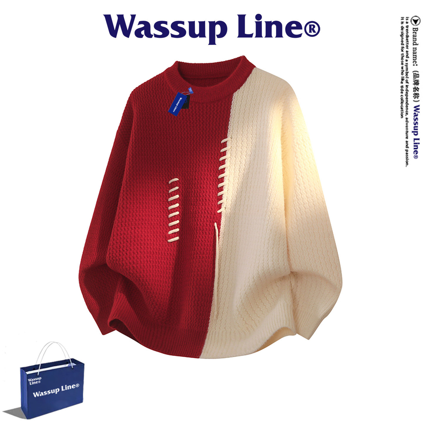 WASSUP Line潮牌休闲毛衣男秋冬季设计感时尚拼接圆领套头针织衫,男装,针织衫/毛衣,淘宝优惠券,粉丝福利购,淘宝优惠卷