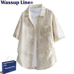 宽松百搭休闲复古上衣衬衫 WASSUP 衬衣男款 扎染短袖 Line潮牌夏季