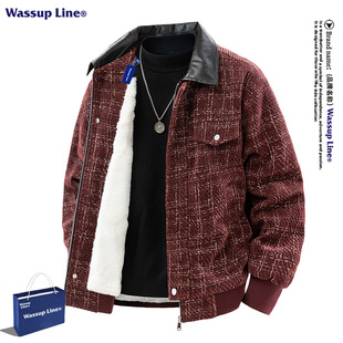 WASSUP Line潮牌美式加绒翻领外套男款冬季千鸟格小香风复古夹克