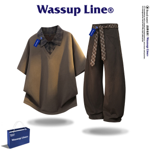 WASSUP Line潮牌休闲时尚套装男夏季翻领短袖T恤长裤老钱风两件套