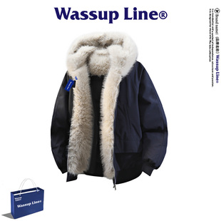 WASSUP Line潮牌坐山雕羽绒服男冬季90鸭绒美式保暖毛领连帽外套