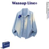 Line潮牌美式 风刺绣衬衫 男女同款 WASSUP 长袖 翻领宽松休闲外套
