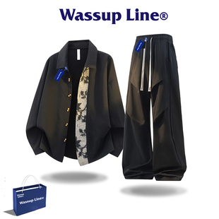 Wassup Line潮牌慵懒风男士休闲套装秋季长袖宽松时尚百搭两件套