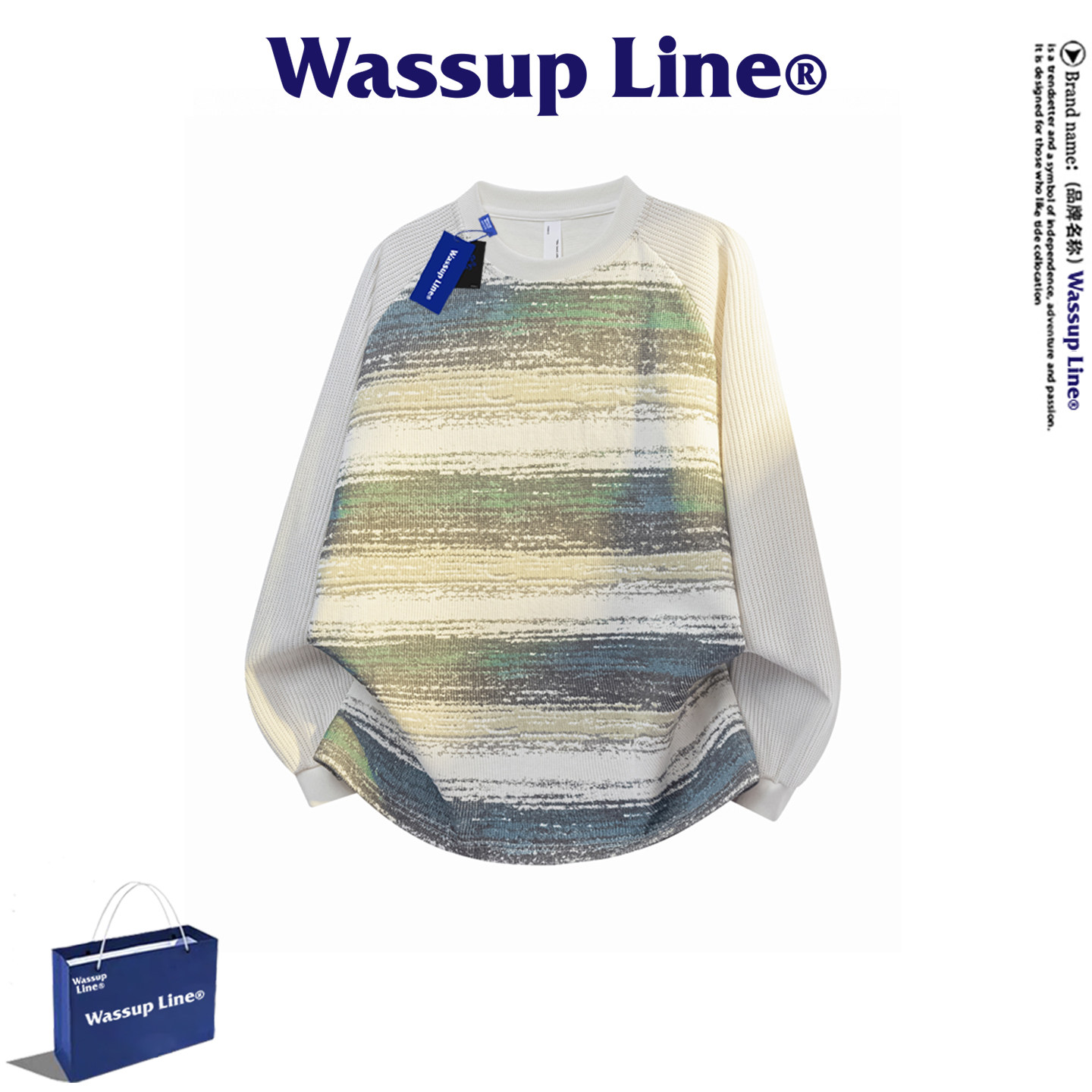 WASSUP Line潮牌复古撞色条纹卫衣男宽松圆领长袖套头休闲上衣