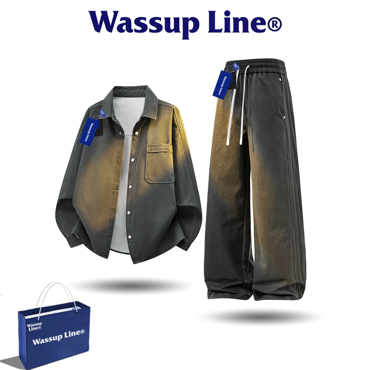 Wassup Line潮牌男复古做旧牛仔衬衫长裤套装秋季大码休闲两件套