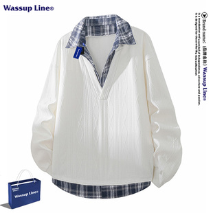 WASSUP Line潮牌美式假两件卫衣男款秋季宽松百搭翻领拼色长袖T恤