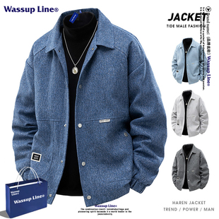 WASSUP LINE潮牌复古毛呢翻领夹克男款春秋宽松百搭大码情侣外套