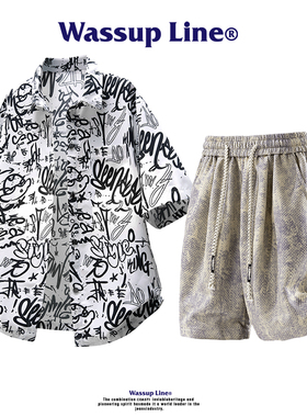 WASSUP Line潮牌夏季休闲套装男短袖衬衣扎染短裤运动百搭两件套