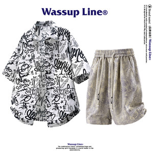 Wassup Line联名中国站WASSUP Line潮牌夏季休闲套装男短袖衬衣扎染短裤运动百搭两件套