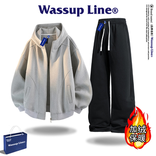 秋冬季 男款 宽松加厚加绒运动两件套 Line潮牌连帽卫衣套装 WASSUP