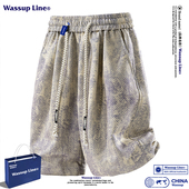 Line潮牌美式 运动五分裤 扎染休闲短裤 痞帅宽松大码 男夏季 WASSUP