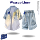 WASSUP Line潮牌简约休闲套装男夏季渐变色短袖衬衫五分裤两件套