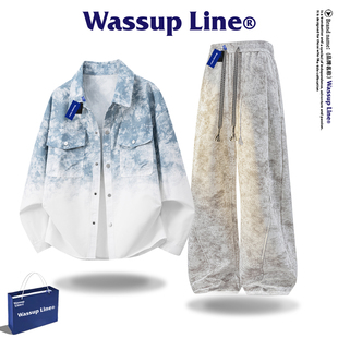 WASSUP Line潮牌衬衫套装男款美式扎染长袖衬衣男秋季外套两件套